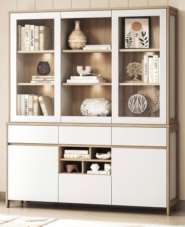Buffet Finnes in wei� und Eiche Vitrinenschrank skandinavisch 164 x 195 cm, Soft-Close