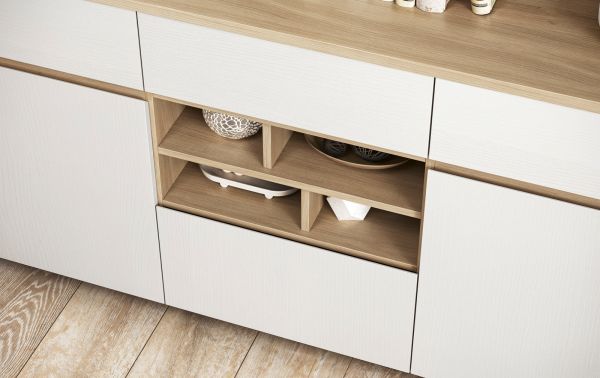 Buffet Finnes in wei� und Eiche Vitrinenschrank skandinavisch 164 x 195 cm, Soft-Close