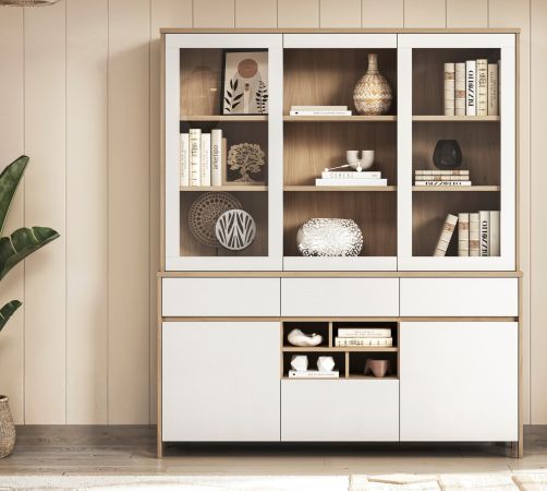 Buffet Finnes in wei� und Eiche Vitrinenschrank skandinavisch 164 x 195 cm, Soft-Close