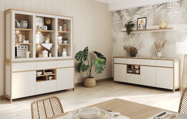 Buffet Finnes in wei� und Eiche Vitrinenschrank skandinavisch 164 x 195 cm, Soft-Close