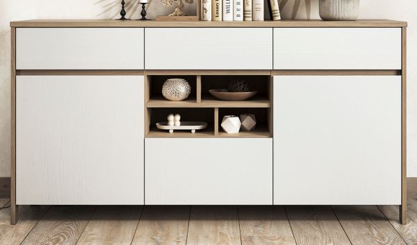 Sideboard Finnes in wei� und Eiche Kommode skandinavisch 164 cm, Soft-Close