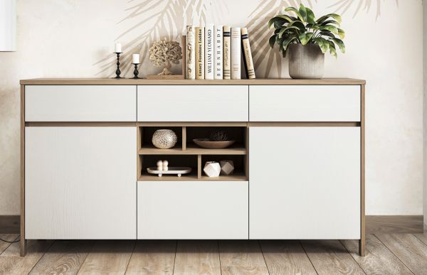 Sideboard Finnes in wei� und Eiche Kommode skandinavisch 164 cm, Soft-Close