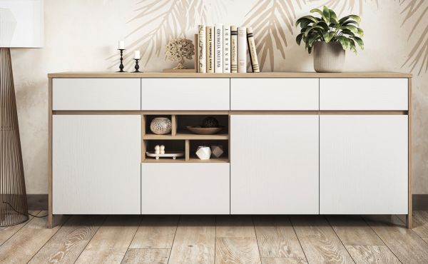 Sideboard Finnes in wei� und Eiche Kommode skandinavisch 193 cm, Soft-Close