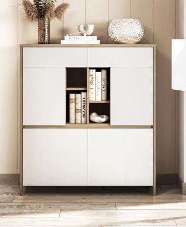 Highboard Finnes in wei� und Eiche Kommode skandinavisch 111 x 125 cm, Soft-Close