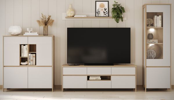 Wohnwand Finnes in wei� und Eiche Wohnkombination skandinavisch 4-teilig 360 cm, Soft-Close