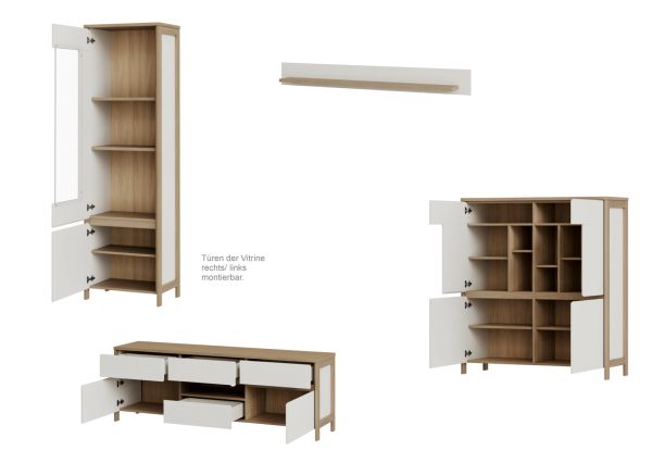 Wohnwand Finnes in wei� und Eiche Wohnkombination skandinavisch 4-teilig 360 cm, Soft-Close