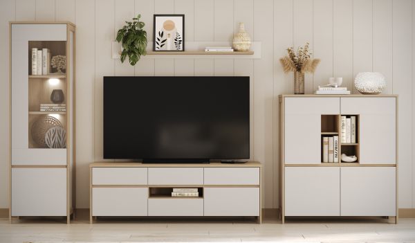 Wohnwand Finnes in wei� und Eiche Wohnkombination skandinavisch 4-teilig 360 cm, Soft-Close