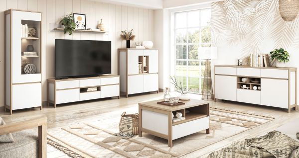 Wohnwand Finnes in wei� und Eiche Wohnkombination skandinavisch 4-teilig 360 cm, Soft-Close