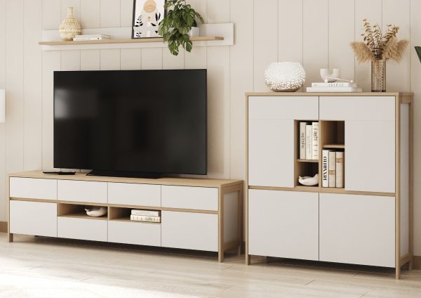 Wohnwand Finnes in wei� und Eiche Wohnkombination skandinavisch 3-teilig 319 cm, Soft-Close