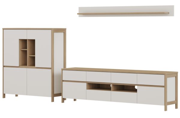 Wohnwand Finnes in wei� und Eiche Wohnkombination skandinavisch 3-teilig 319 cm, Soft-Close