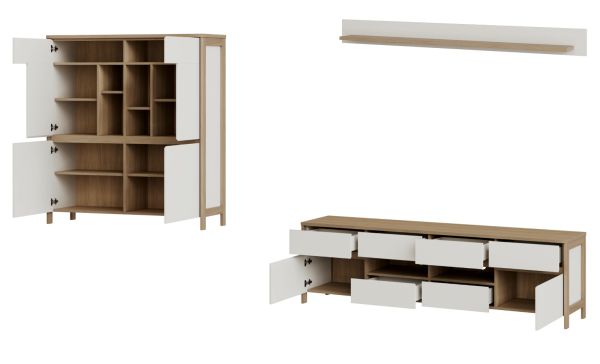 Wohnwand Finnes in wei� und Eiche Wohnkombination skandinavisch 3-teilig 319 cm, Soft-Close