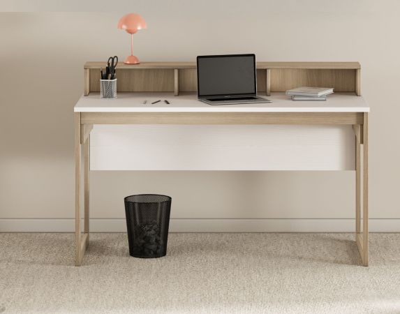 Arbeitszimmer Finnes in wei� und Eiche, Set Highboard und Schreibtisch skandinavisch, Soft-Close