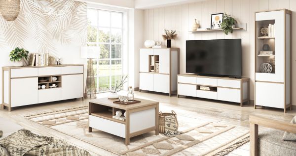 Arbeitszimmer Finnes in wei� und Eiche, Set Highboard und Schreibtisch skandinavisch, Soft-Close