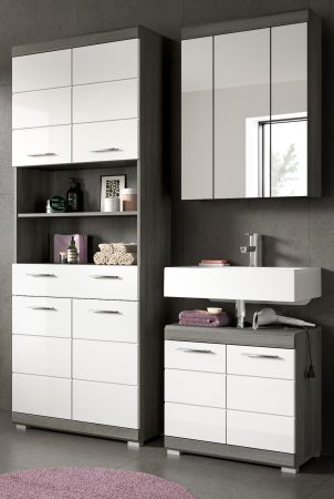 Badm�bel Set 3-teilig Shawn in wei� Hochglanz und Rauchsilber grau Badkombination 149 x 191 cm