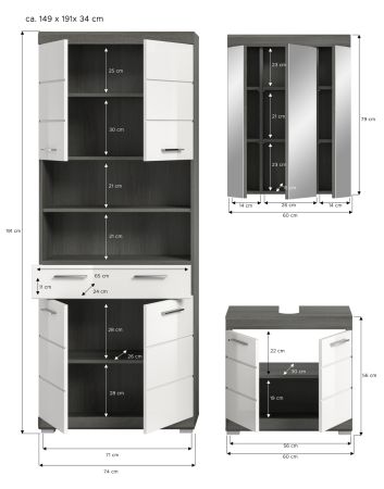 Badm�bel Set 3-teilig Shawn in wei� Hochglanz und Rauchsilber grau Badkombination 149 x 191 cm