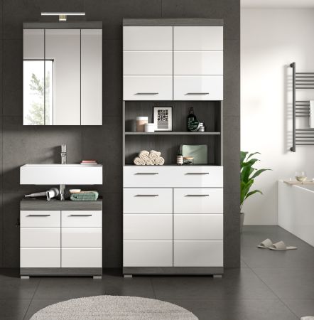 Badm�bel Set 3-teilig Shawn in wei� Hochglanz und Rauchsilber grau Badkombination 149 x 191 cm