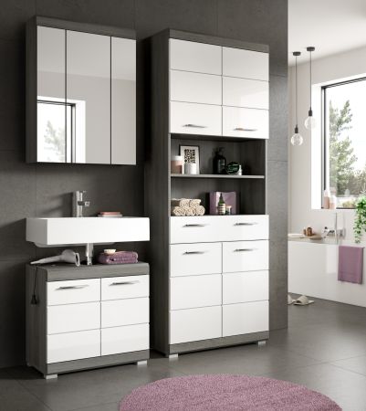 Badm�bel Set 3-teilig Shawn in wei� Hochglanz und Rauchsilber grau Badkombination 149 x 191 cm