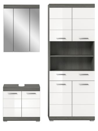Badm�bel Set 3-teilig Shawn in wei� Hochglanz und Rauchsilber grau Badkombination 149 x 191 cm