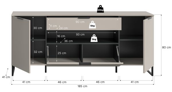 TV-Lowboard Morena in kaschmir und schwarz TV Unterteil 185 cm, Soft-Close