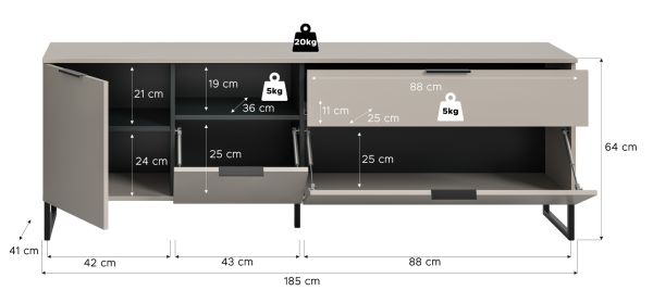 TV-Lowboard Morena in kaschmir und schwarz TV Unterteil 185 cm, Soft-Close