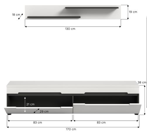 Wohnzimmer Set Cooper in Wei� und Grau, TV-Lowboard h�ngend / stehend mit Wandboard 170 cm