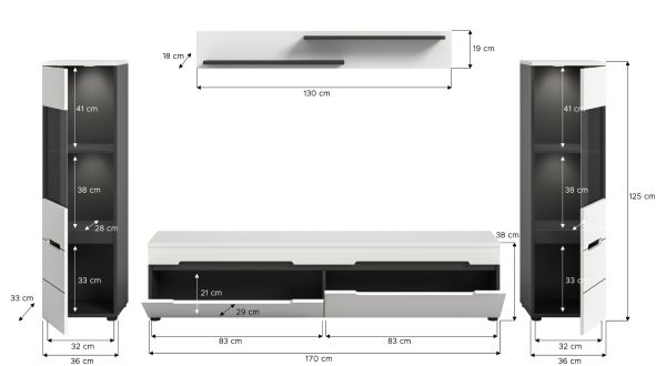 Wohnwand Cooper in wei� und grau Wohnkombination 4-teilig h�ngend / stehend 272 cm