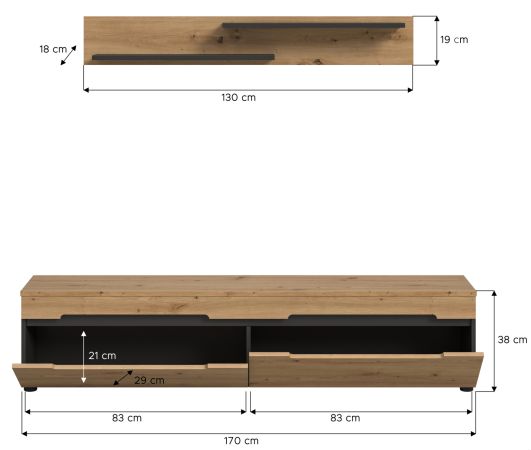 Wohnkombination Cooper in Artisan Eiche und grau, Set Lowboard 170 cm und Wandboard