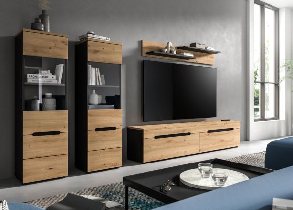 Wohnwand Cooper in Artisan Eiche und grau 4-teilig 270 cm h�ngend oder stehend, Soft-Close
