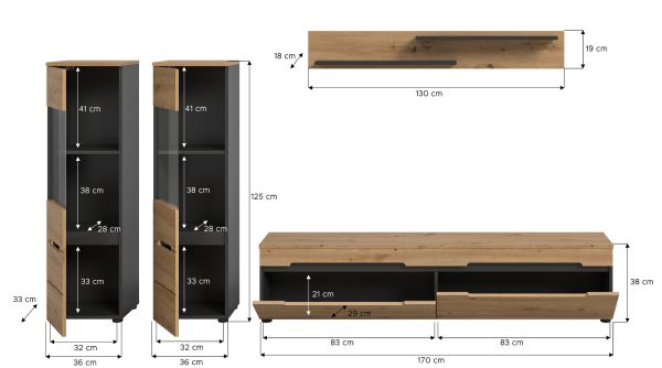 Wohnwand Cooper in Artisan Eiche und grau 4-teilig 270 cm h�ngend oder stehend, Soft-Close