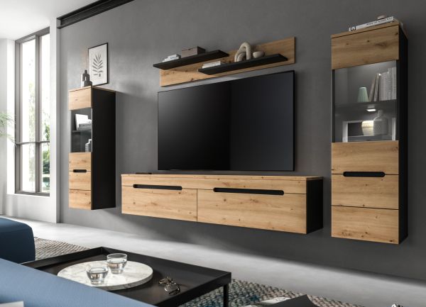 Wohnwand Cooper in Artisan Eiche und grau 4-teilig 270 cm h�ngend oder stehend, Soft-Close