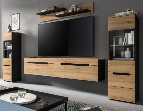 Wohnwand Cooper in Artisan Eiche und grau 4-teilig 270 cm h�ngend oder stehend, Soft-Close