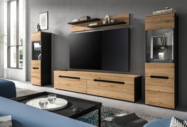 Wohnwand Cooper in Artisan Eiche und grau 4-teilig 270 cm h�ngend oder stehend, Soft-Close