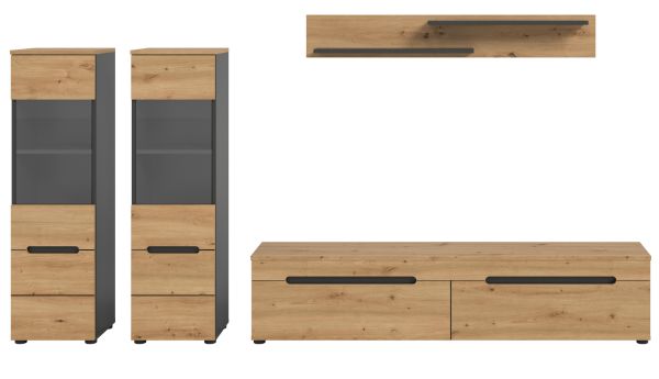 Wohnwand Cooper in Artisan Eiche und grau 4-teilig 270 cm h�ngend oder stehend, Soft-Close