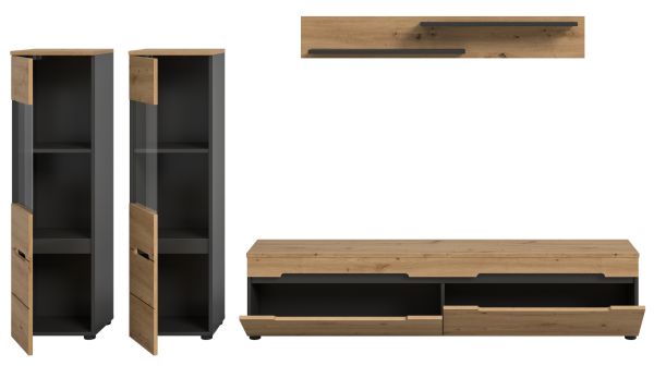 Wohnwand Cooper in Artisan Eiche und grau 4-teilig 270 cm h�ngend oder stehend, Soft-Close