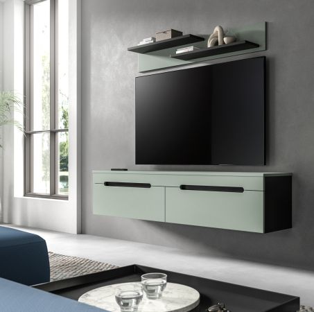 Wohnkombination Cooper in Salbei Gr�n und Basalt Grau TV-Lowboard h�ngend / stehend und Wandboard 170 cm
