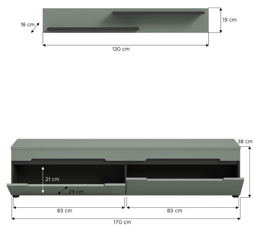 Wohnkombination Cooper in Salbei Gr�n und Basalt Grau TV-Lowboard h�ngend / stehend und Wandboard 170 cm