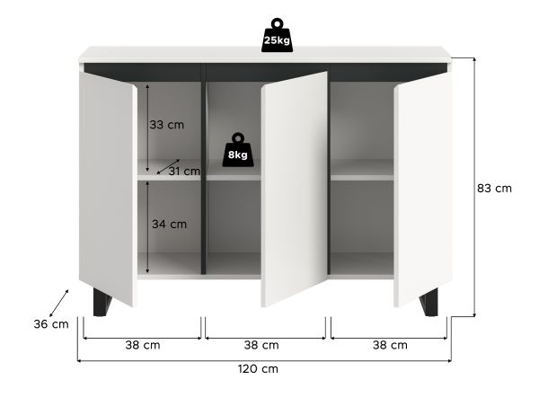 Sideboard Gelia in wei� und schwarz Kommode 120 x 84 cm, Soft-Close