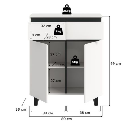 Kommode Gelia in wei� und schwarz Highboard 80 x 99 cm, Soft-Close