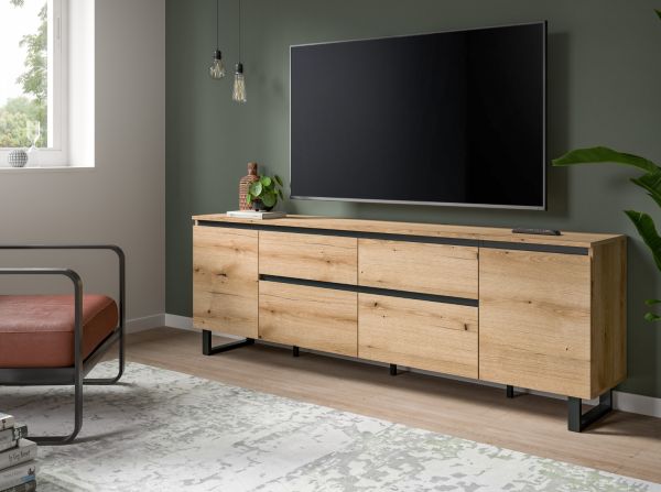 TV-Lowboard Gelia in Evoke Eiche und schwarz TV Unterteil 188 x 65 cm, Soft-Close und Komforth�he
