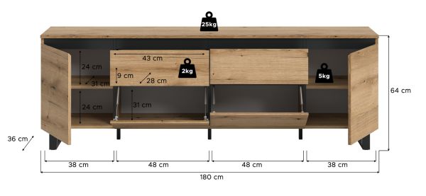 TV-Lowboard Gelia in Evoke Eiche und schwarz TV Unterteil 188 x 65 cm, Soft-Close und Komforth�he