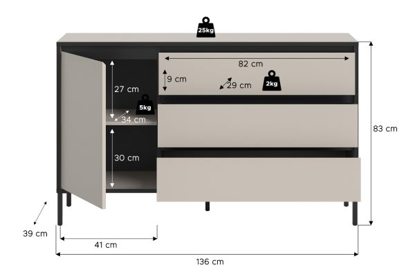 Sideboard Torello in Kaschmir und Schwarz Kommode 136 x 83 cm