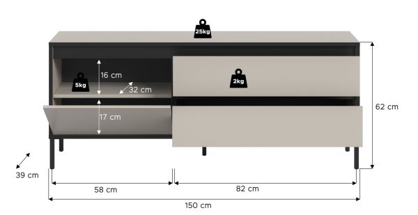 TV-Lowboard Torello in Kaschmir und Schwarz TV Unterteil mit Komforth�he 150 x 62 cm