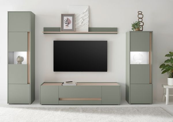 Vitrine Center in Salbei und Barista Eiche Vitrinenschrank 50 x 197 cm
