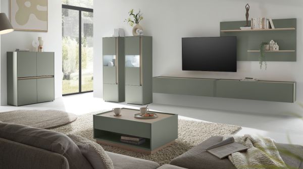 Vitrine Center in Salbei und Barista Eiche Vitrinenschrank 50 x 155 cm