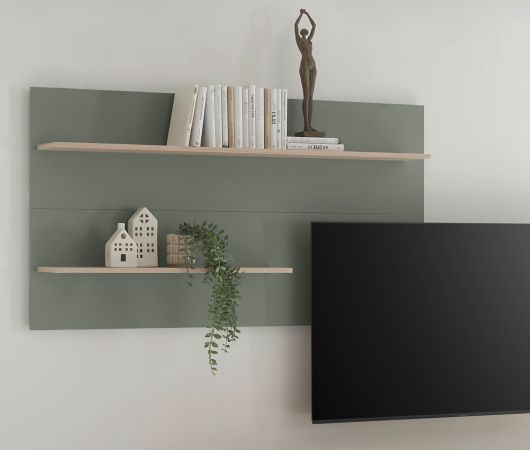 Wandpaneel Center in Salbei und Barista Eiche Wandregal 155 x 80 cm
