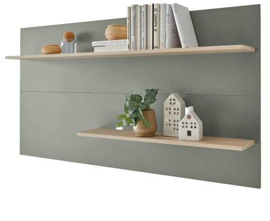 Wandpaneel Center in Salbei und Barista Eiche Wandregal 155 x 80 cm