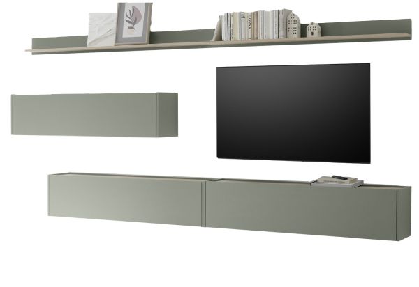 Wohnwand Center in Salbei und Barista Eiche Set 5-teilig mit XXL TV-Board 340 cm