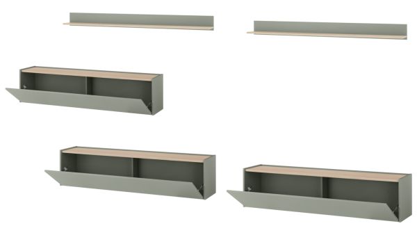Wohnwand Center in Salbei und Barista Eiche Set 5-teilig mit XXL TV-Board 340 cm