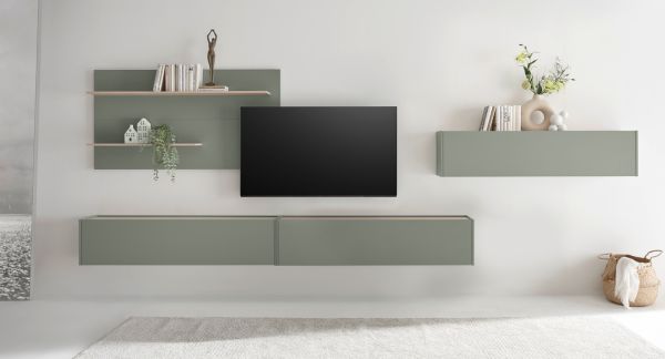 Wohnwand Center in Salbei und Barista Eiche Set 4-teilig mit XXL-TV-Schrank 400 cm