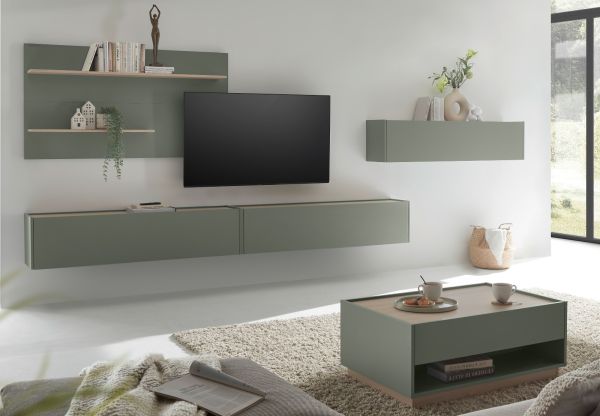 Wohnwand Center in Salbei und Barista Eiche Set 4-teilig mit XXL-TV-Schrank 400 cm